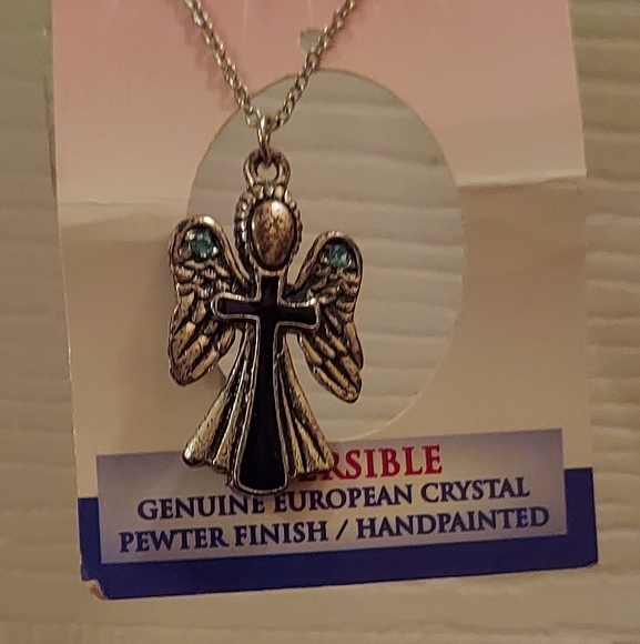 EUROPEAN CRYSTAL-PEWTER HAND PAINTED ANGEL CROSS PENDANT NECKLACE NWT VINTAGE! - Picture 1 of 13